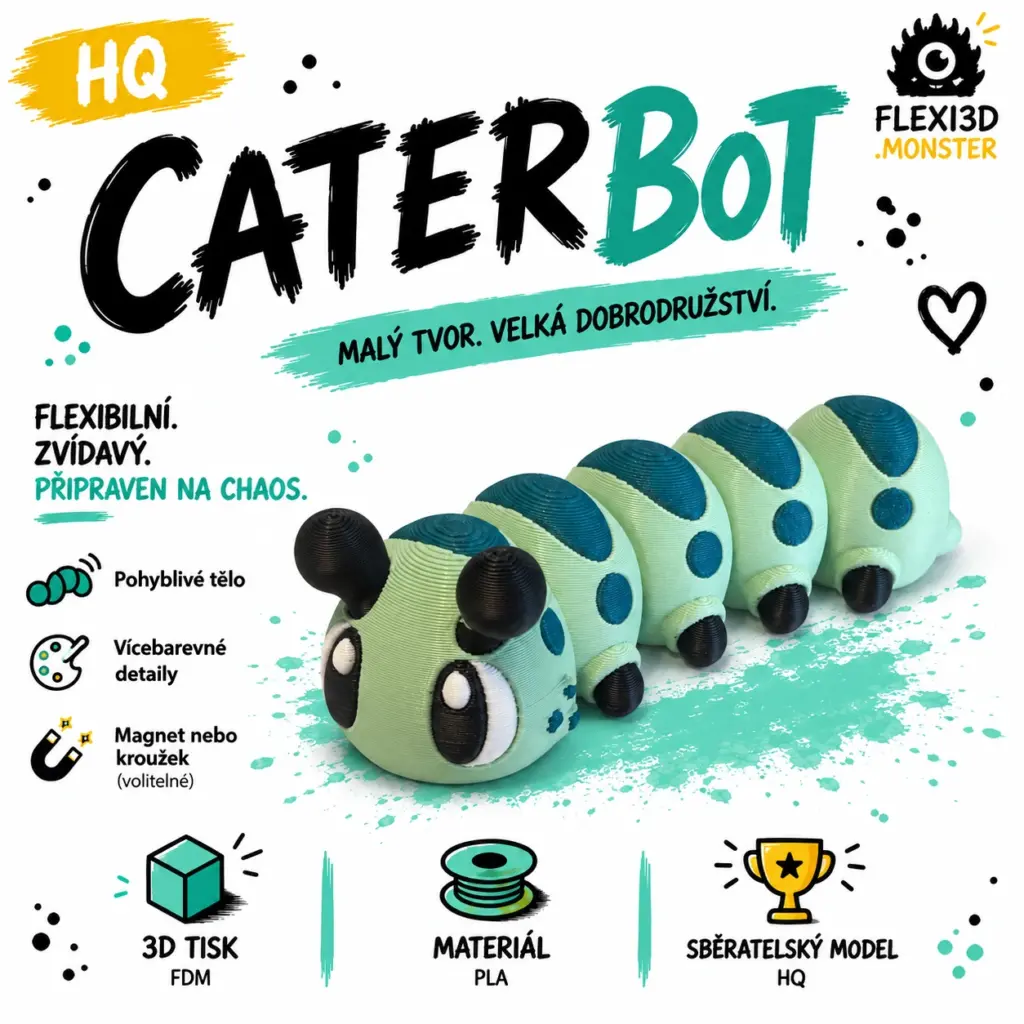 CaterBot HQ – mintová pohyblivá figurka s tyrkysovými detaily v grafice flexi3D.monster