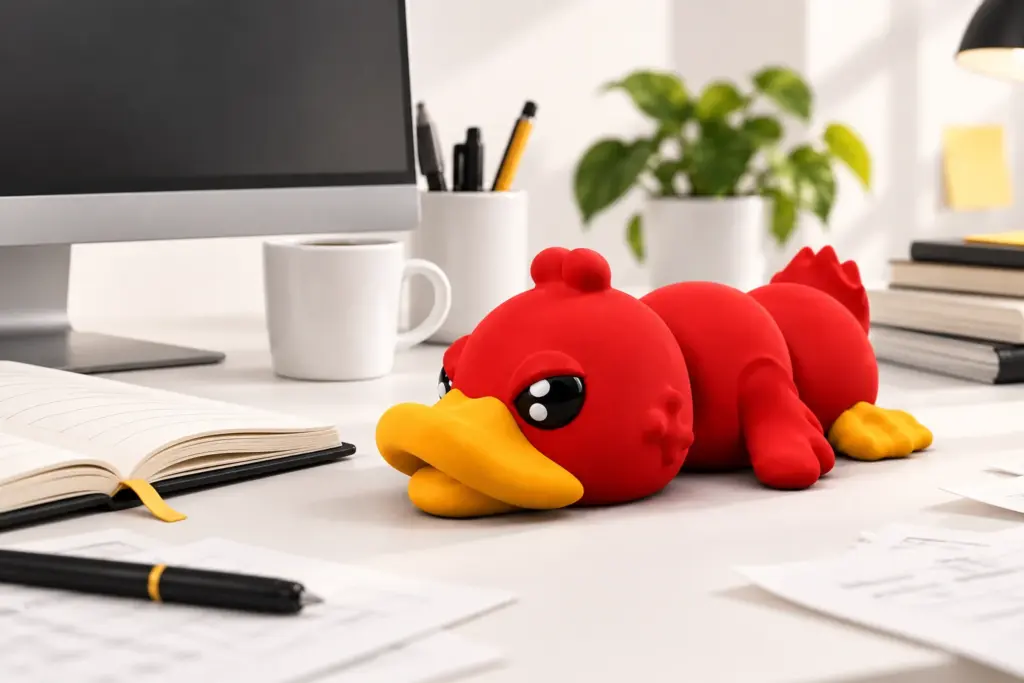 AngryDuck u monitoru, kávy a otevřeného deníku