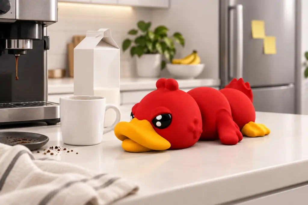 AngryDuck v kancelářské kuchyňce u kávovaru